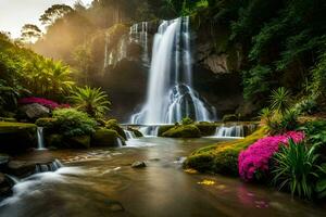 beautiful waterfall in the jungle with pink flowers. AI-Generated photo