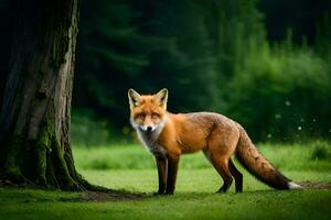 un rojo zorro soportes en frente de un árbol. generado por ai foto