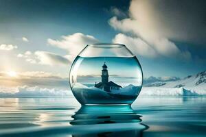 a lighthouse in a glass bowl with water and icebergs. AI-Generated photo