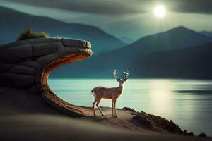 a deer stands on a rock in front of a lake. AI-Generated photo