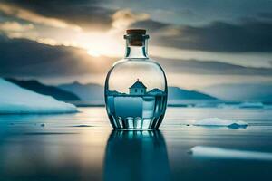 a bottle of water with a house in it on the water. AI-Generated photo