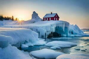 a red house sits on top of an ice covered cliff. AI-Generated photo