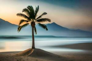 un solitario palma árbol soportes en el playa a puesta de sol. generado por ai foto