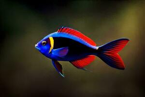 a blue and red fish with black background. AI-Generated photo