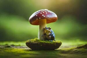 the frog is sitting on the mushroom. AI-Generated photo