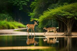 dos ciervo en pie en el agua cerca un árbol. generado por ai foto