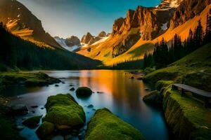 el montañas son reflejado en el agua. generado por ai foto