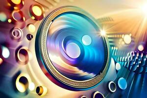 a camera lens is in the center of a colorful background. AI-Generated photo