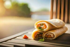 a stack of food on a wooden table. AI-Generated photo