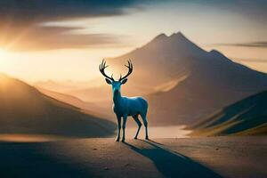 un ciervo soportes en frente de un montaña a puesta de sol. generado por ai foto