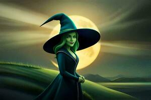 the witch is standing in front of a full moon. AI-Generated photo