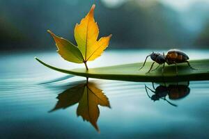 a bug on a leaf in the water. AI-Generated photo