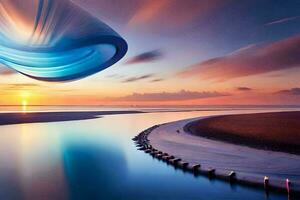 a blue and white object floating in the air over a body of water. AI-Generated photo