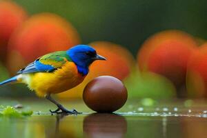 a colorful bird standing next to an egg. AI-Generated photo