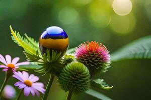 a colorful flower with a blue and yellow ball. AI-Generated photo