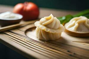 two dumplings sit on a wooden tray with chopsticks. AI-Generated photo