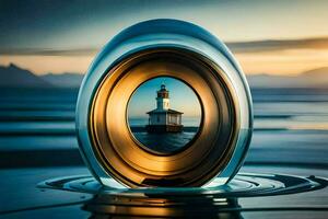 un faro es reflejado en un vaso esfera. generado por ai foto