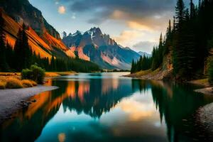 the mountains are reflected in the water at sunset. AI-Generated photo