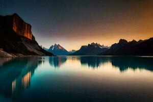 el montañas son reflejado en el agua a puesta de sol. generado por ai foto