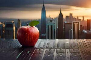 an apple on a table in front of a cityscape. AI-Generated photo