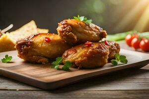 chicken wings on a wooden plate with chips and tomatoes. AI-Generated photo