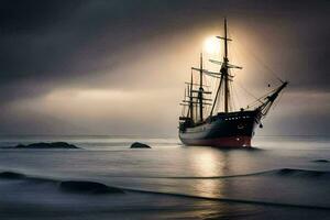 a sailing ship in the ocean under a dark sky. AI-Generated photo