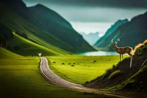 deer on the road, mountains, green, nature, landscape, hd wallpaper. AI-Generated photo