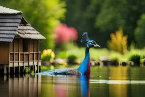 un pavo real es en pie en el agua cerca un casa. generado por ai foto