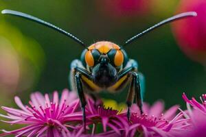 a close up of a bug on some pink flowers. AI-Generated photo