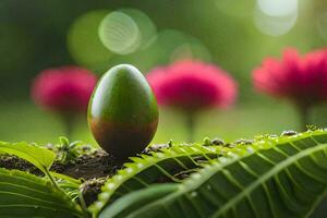 a green egg sitting on top of some green leaves. AI-Generated photo