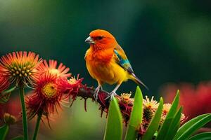 un vistoso pájaro se sienta en un rama con flores generado por ai foto