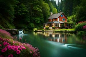 photo wallpaper forest, the house, water, flowers, waterfalls, the house, the house. AI-Generated