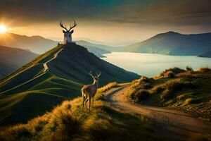 a deer stands on the side of a mountain with a tower in the background. AI-Generated photo