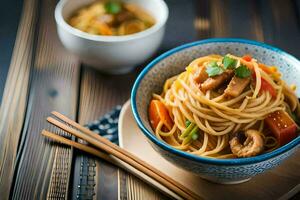 chinese noodles with meat and vegetables in a bowl. AI-Generated photo