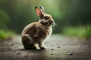 a small rabbit sitting on the road in the middle of the day. AI-Generated photo