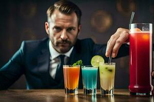 a man in a suit is holding up a cocktail. AI-Generated photo