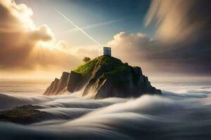 a lighthouse sits on top of a rock in the ocean. AI-Generated photo