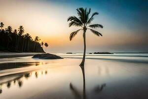 a lone palm tree stands on the beach at sunset. AI-Generated photo