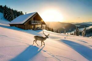 deer in the snow at sunset. AI-Generated photo