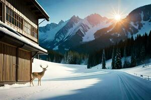 a deer stands in front of a cabin in the snow. AI-Generated photo