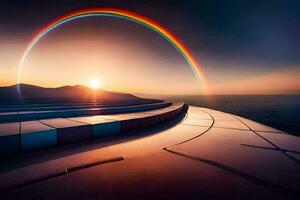 un arco iris es visto en el cielo terminado un grande edificio. generado por ai foto
