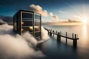 a building in the middle of the ocean with clouds. AI-Generated photo