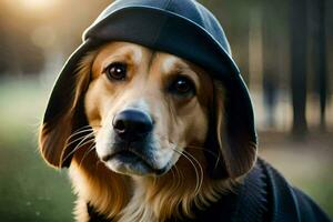 a dog wearing a black hat and jacket. AI-Generated photo