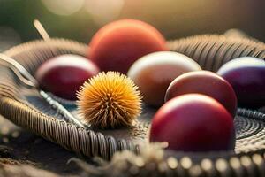 a basket with eggs and spiky balls in it. AI-Generated photo