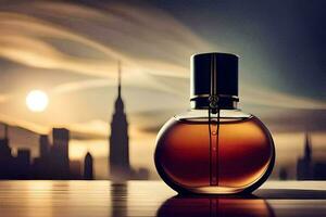 a bottle of perfume sitting on a table with a city in the background. AI-Generated photo