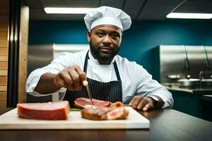 a chef cutting meat on a cutting board. AI-Generated photo