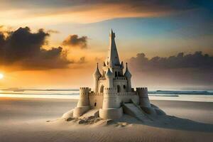 un arena castillo en el playa a puesta de sol. generado por ai foto