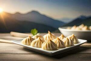 dumplings on a plate with mountains in the background. AI-Generated photo