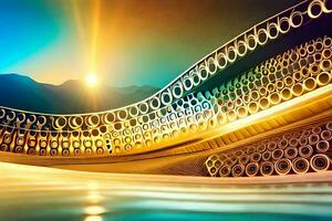 a bridge with many pipes and a sun shining. AI-Generated photo