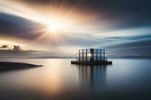 a small house in the middle of the ocean. AI-Generated photo